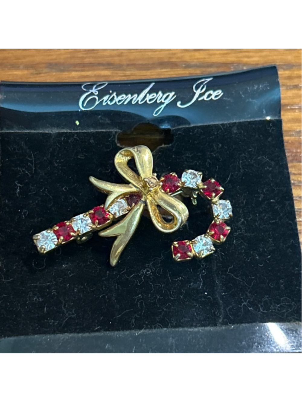 Women's Eisenberg Ice Gold Tone Red & Clear Rhinestone Candy Cane Brooch